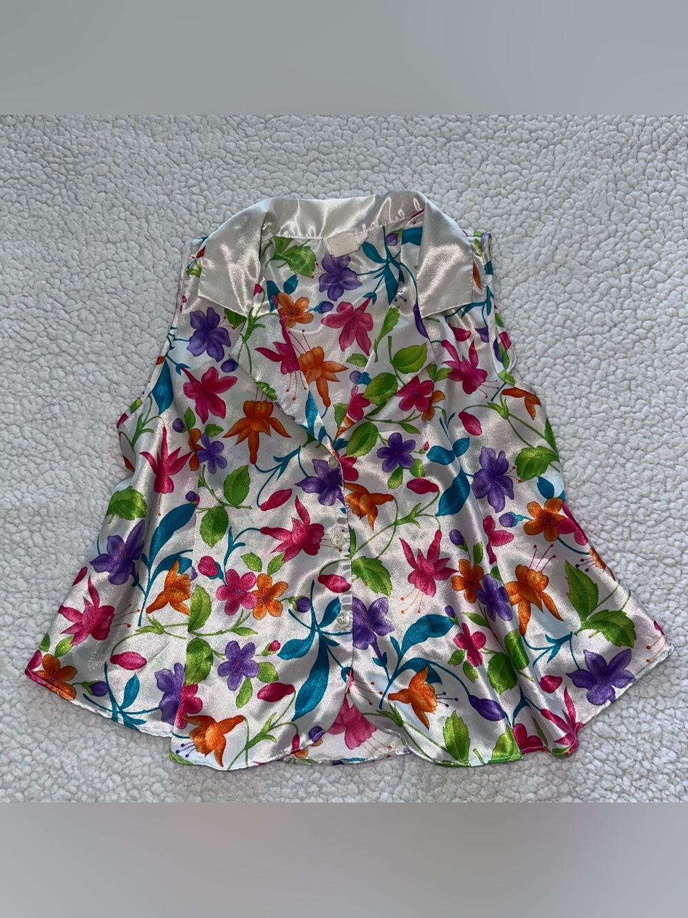 VTG satin whimsy floral flowy tank top vintage cottage fairy buttons collar M